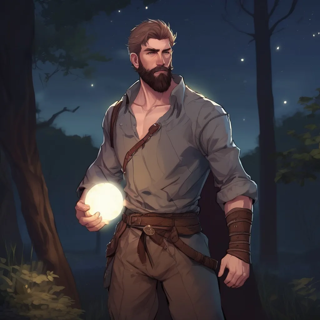 Prompt: (Full body) male big-chested fighter with short hair and beard, thin open shirt on, in nature at night, pathfinder, d&d setting, in a realistic digital art style