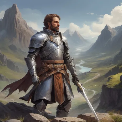 Prompt: Male heavy-set mature Magus-knight with short-cut hair and beard, holding weapon, in a mountain valley, in combat, pathfinder, d&d setting, in a realistic high quality digital art style, enhanced shadow quality