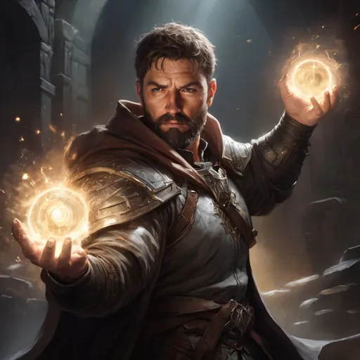 Prompt: Male stocky large mature muscular cleric with short-cut hair and beard, engaged in combat casting a prismatic-light spell inside of a dark dungeon, pathfinder, d&d setting, in a realistic high quality digital art style, enhanced shadow quality