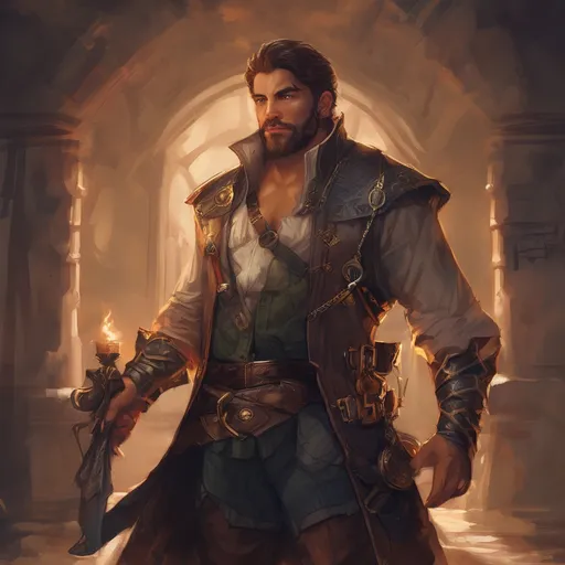 Prompt: (Full body) male stocky big-chested magical pirate-mage with short hair and beard, no shirt on, in a dark castle, pathfinder, d&d setting, in a realistic digital art style