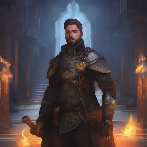 Prompt: (Full body) male stocky young royal noble with short-cut hair and beard, in a dark labratory, pathfinder, d&d setting, in a realistic digital art style