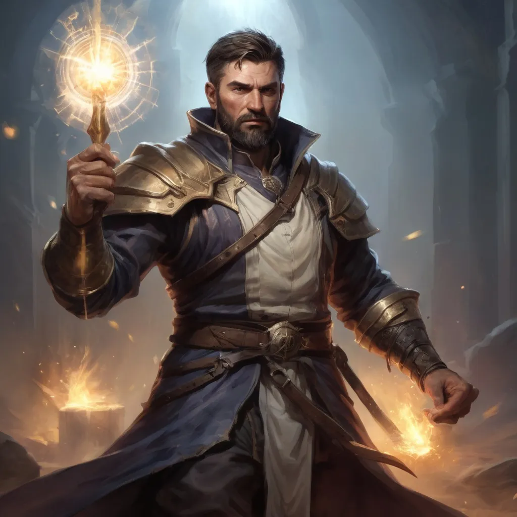 Prompt: Male stocky large mature fit battle-mage with short-cut hair and beard, engaged in combat casting a white-light spell in a dark room, pathfinder, d&d setting, realistic, enhanced shadow quality