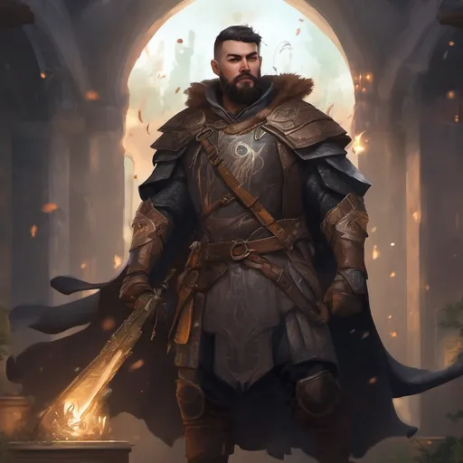 Prompt: (Full body) male stocky druid with short-cut hair and beard, in leather armor, casting a swirly nature-spell, in nature at night pathfinder, d&d setting, in a realistic digital art style