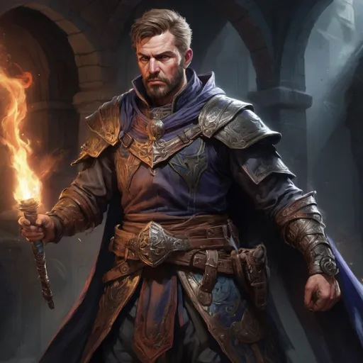 Prompt: (torso) Male stocky large mature british handsome battle-mage with short-cut hair and beard, engaged in combat casting an arcane-spell inside of a dark dungeon, in movement, pathfinder, d&d setting, realistic, enhanced shadow quality, colorful
