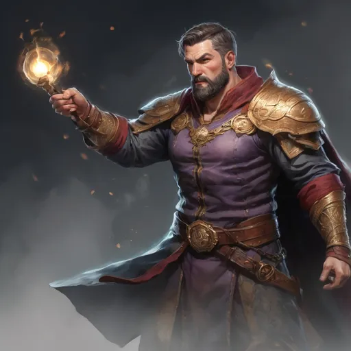 Prompt: (torso) Male stocky large mature fit battle-mage with short-cut hair and beard, engaged in combat casting a light-spell  nature, pathfinder, d&d setting, realistic, enhanced shadow quality