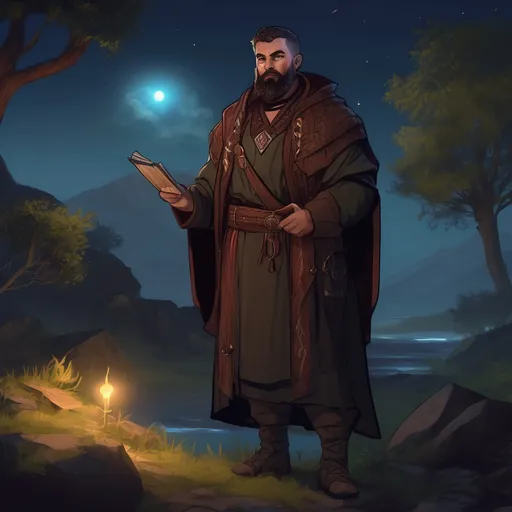 Prompt: (Full body) male stocky magical albanian cleric with short hair and beard, in nature at night, pathfinder, d&d setting, in a realistic digital art style