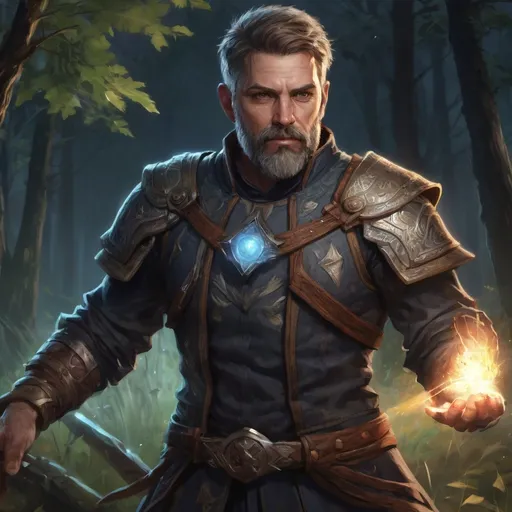 Prompt: (head and torso) Male heavy-set mature fantasy-sorcerer with short-cut hair and beard, holding magic-spell, in a grass field covered in trees at night, in combat, pathfinder, d&d setting, in a realistic high quality digital art style, enhanced shadow quality
