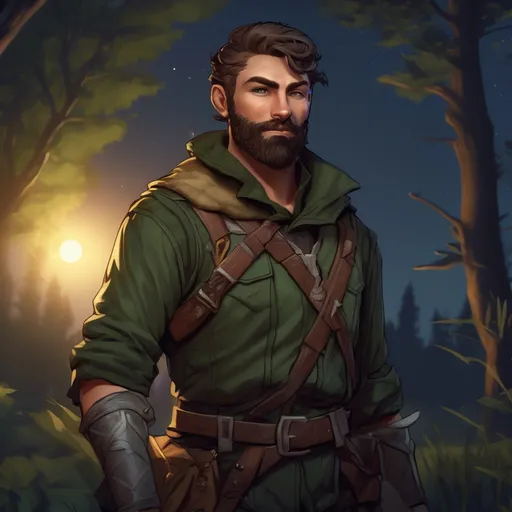 Prompt: (Full body) male ranger with short hair and beard, in nature at night, pathfinder, d&d setting, in a realistic digital art style