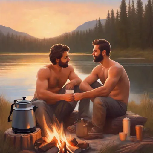 Prompt: Two hairy young dads camping by a lake, holding each other, coffee pot on a campfire, early morning, no shirt on, in a painted style realistic