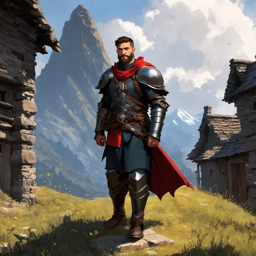 Prompt: (Full body) male rogue with short hair and beard, in rugged armor, exploring a dark fantasy villiage by a mountain, pathfinder, d&d setting, in a detailed digital art style