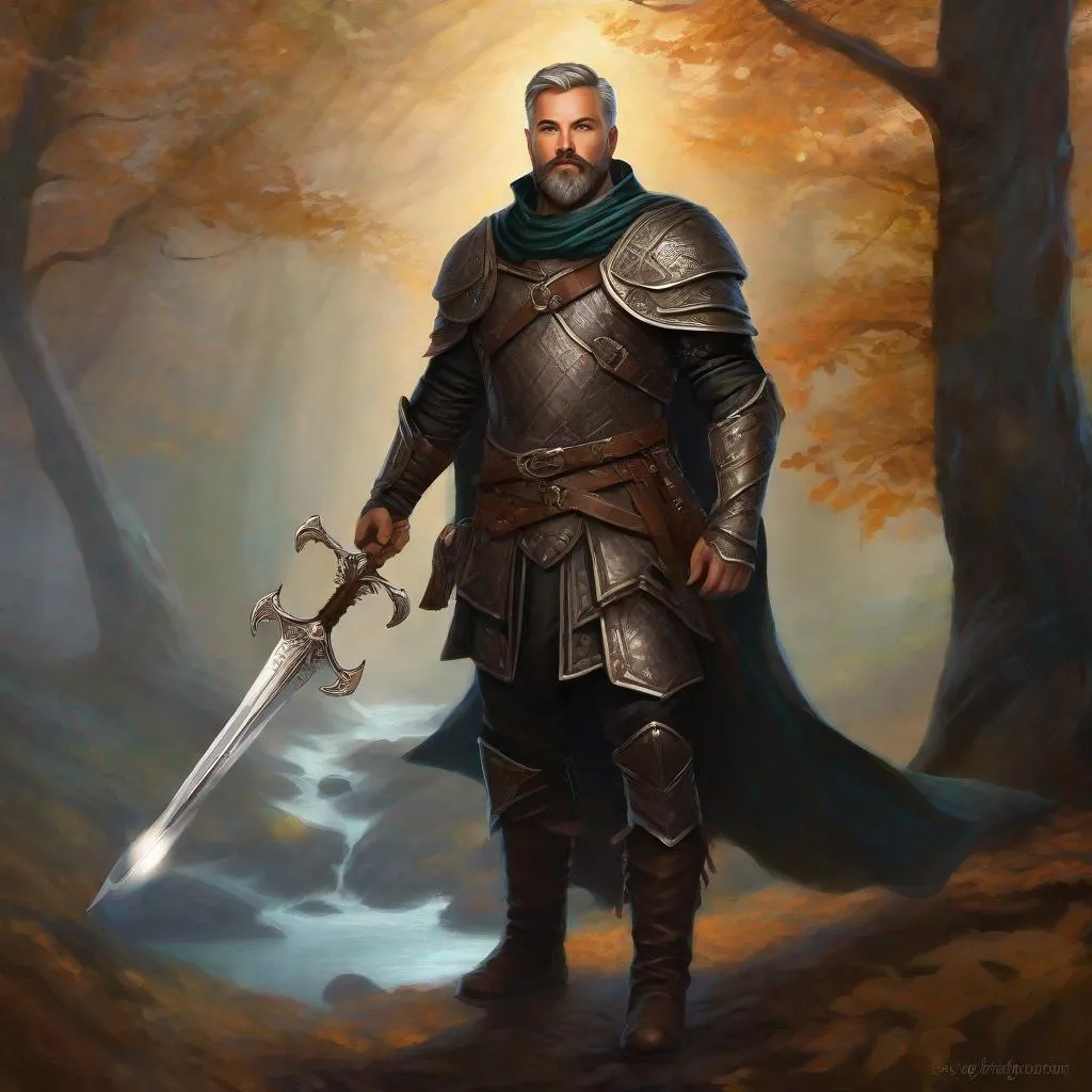 Prompt: (Full body) A male pathfinder with short cut salt and pepper hair with beard manly face, black-leather armor pathfinger, magic swirl, holding weapon, dungeons and dragons, brown boots, fantasy setting, standing in a forest glade at night, in a painted style realistic art