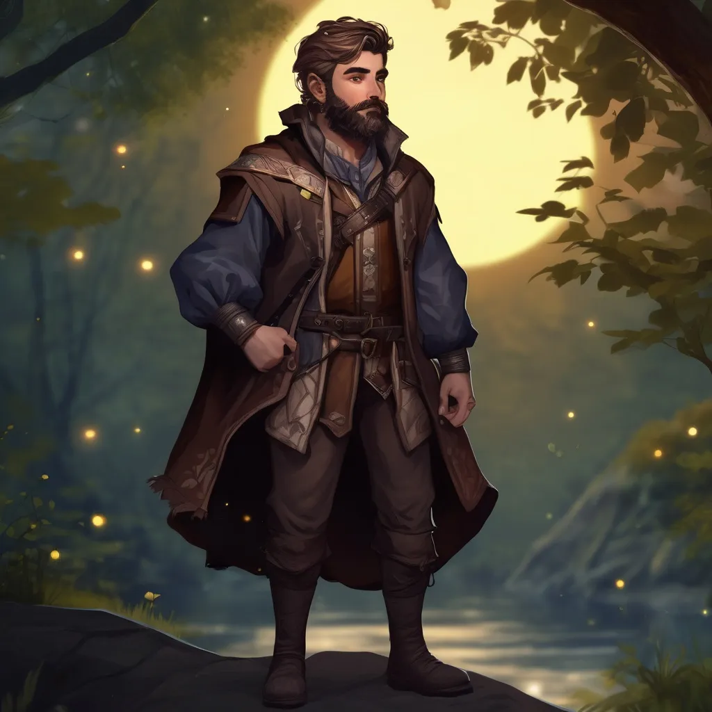 Prompt: (Full body) male magical stocky noble with short hair and beard, in nature at night, pathfinder, d&d setting, in a realistic digital art style