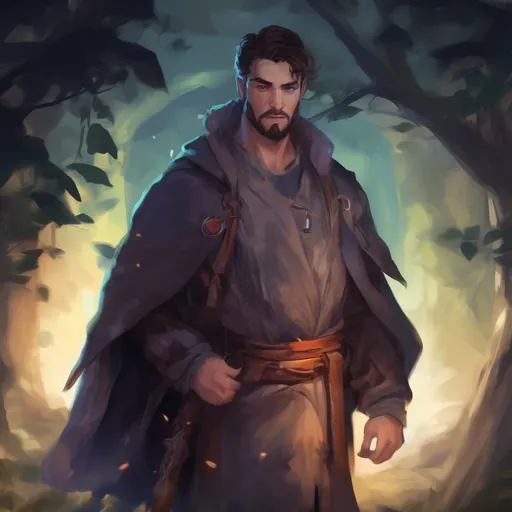 Prompt: (Full body) male manly stocky young noble mage with dark short-cut hair and beard, in nature at night, pathfinder, d&d setting, in a realistic digital art style