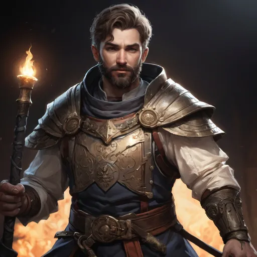 Prompt: Male stocky large cleric with short-cut hair and beard, engaged in combat casting a holy light spell inside of a dark dungeon, pathfinder, d&d setting, in a realistic high quality digital art style, enhanced shadow quality, colorful