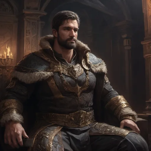 Prompt: (Full body) male stocky masculine manly hunky royal king with short hair and beard, hairy chest, in a dark throne room, pathfinder, d&d setting, in a realistic high quality digital art style