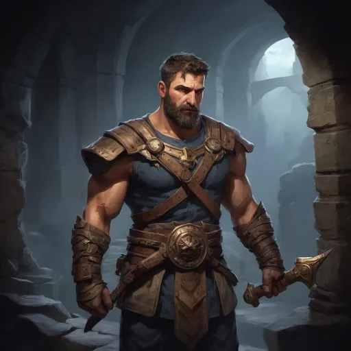 Prompt: Male stocky large mature greek fighter with short-cut hair and beard, exploring a dark dungeon, pathfinder, d&d setting, in a realistic high quality digital art style, enhanced shadow quality, colorful