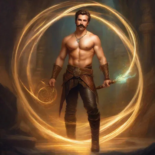 Prompt: (Full body) a male channeler with mustache and stubble short hair, handsome manly face, belt, boots, no shirt hairy chest, holding magical staff swirly lights, standing in a otherwordly dimention, fantasy setting, dungeons & dragons, in a painted style realistic art