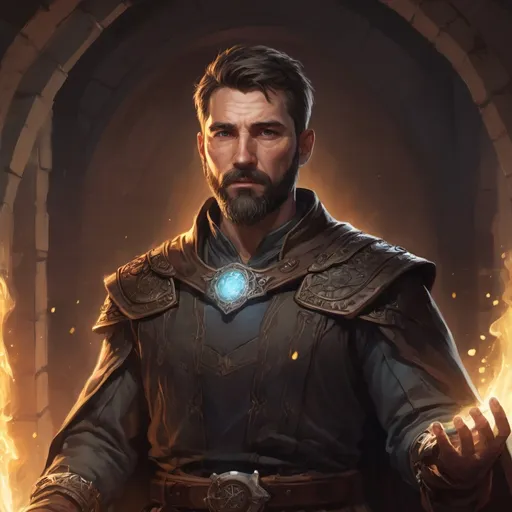 Prompt: (head and torso) Male stocky large mature engineer with short-cut brown hair and beard, engaged in combat casting a light spell inside of a dark dungeon, pathfinder, d&d setting, in a realistic high quality digital art style, enhanced shadow quality, wearing colorful robes