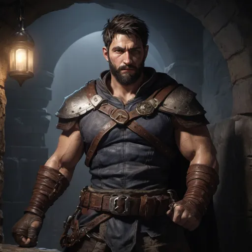 Prompt: Male stocky large muscular bandit with short-cut hair and beard, exploring a dark trasure room, pathfinder, d&d setting, realistic, enhanced shadow quality