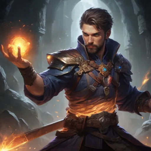 Prompt: Male stocky large battle-mage with short-cut hair and beard, engaged in combat casting a (bright lgiht spell), inside of a dark cavernous dungeon, pathfinder, d&d setting, in a realistic high quality digital art style, enhanced shadow quality, colorful