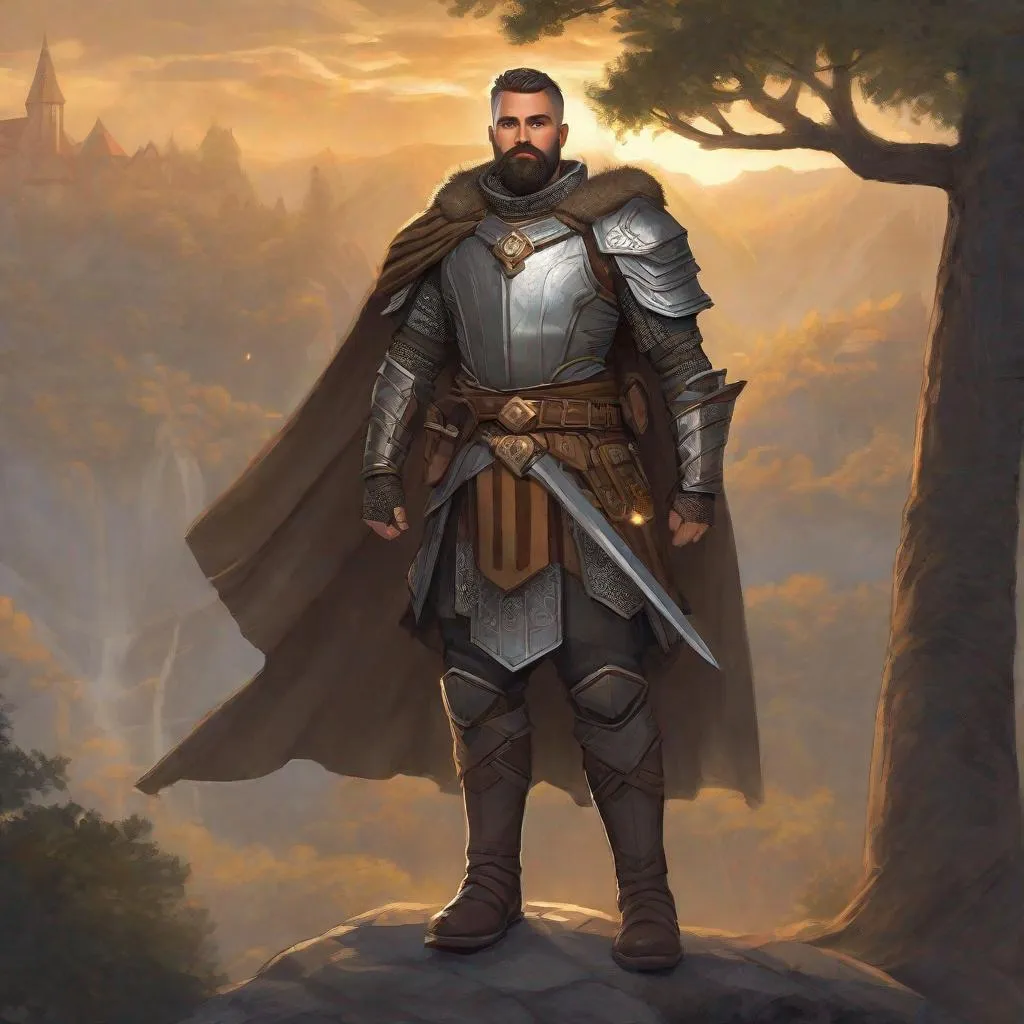 Prompt: (Fullbody) male adult warpriest manly face short-hair grey stripes, bearded, armor, open shirt, heavy belt , swirly magic, brown boots, cloak, pathfinder, dungeons and dragons, outside a town by a forest at night, holding a weapon, in a painted style, realistic