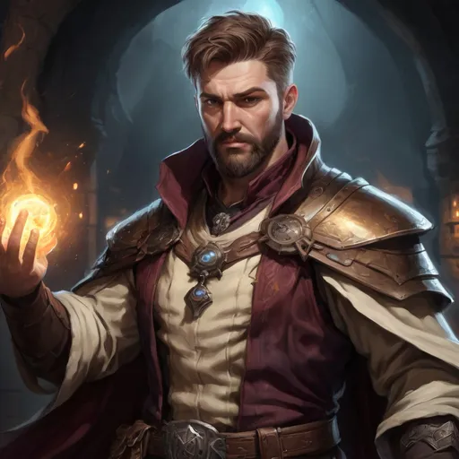 Prompt: (head and torso) Male stocky large mature alchemist with short-cut brown hair and beard, engaged in combat casting a light spell inside of a dark dungeon, pathfinder, d&d setting, in a realistic high quality digital art style, enhanced shadow quality, wearing colorful robes