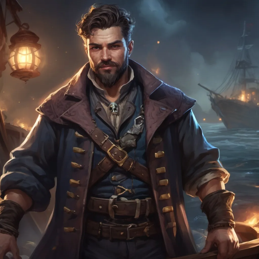 Prompt: male stocky heavy-built large fat pirate thief with short hair and beard, wearing magic coat, on a ship by land at night, pathfinder, d&d setting, in a realistic high quality digital art style