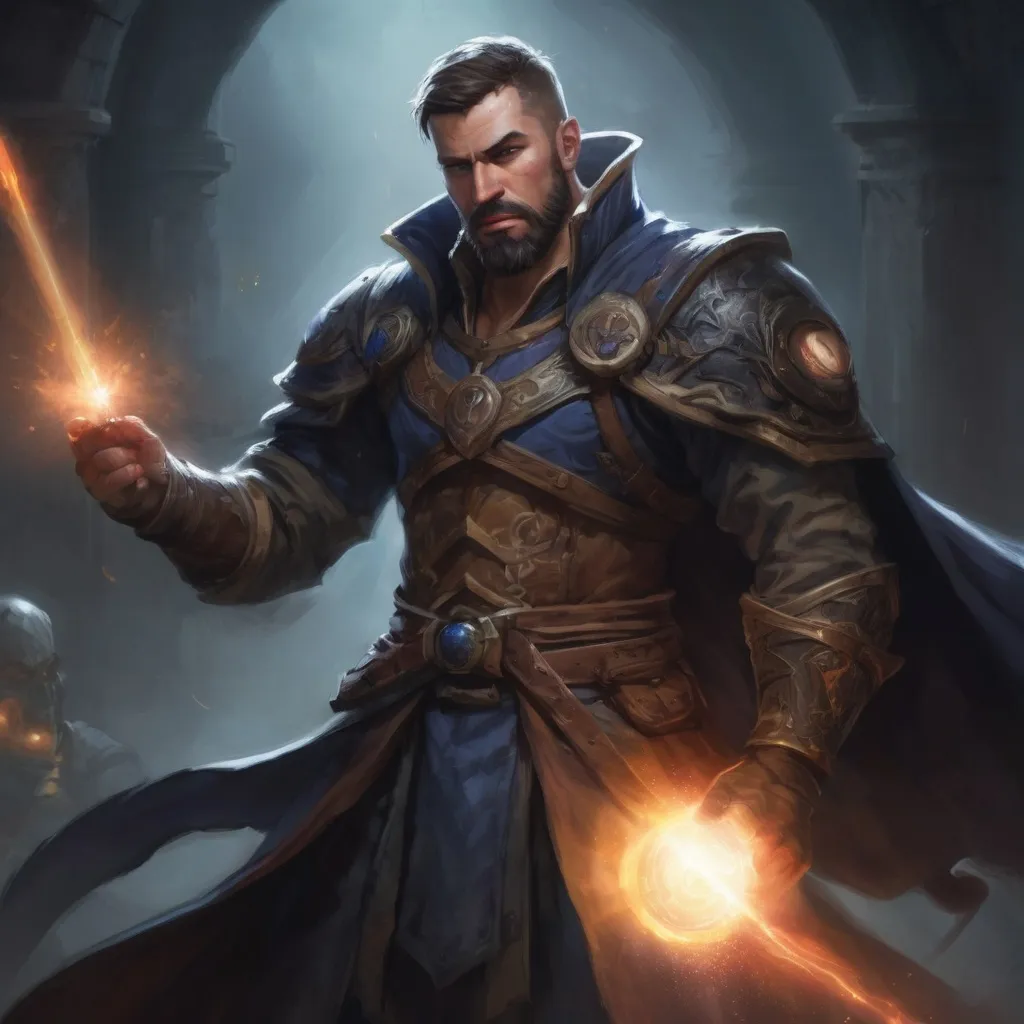 Prompt: (torso) Male stocky large battle-mage with short-cut hair and beard, engaged in combat casting an arcane-spell inside of a dark dungeon, in movement, pathfinder, d&d setting, realistic, enhanced shadow quality, colorful