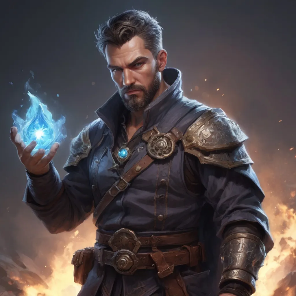 Prompt: Male stocky heavy-set mature arcane-alchemist with short-cut hair and beard, on a battlefield, in combat, holding a frostbomb, pathfinder, d&d setting, realistic high quality, enhanced shadow quality, colorful