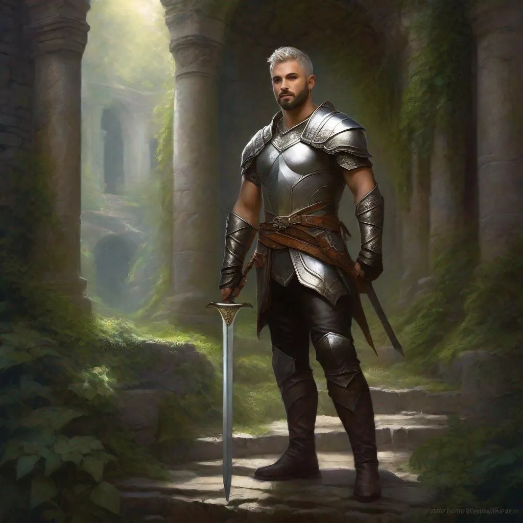 Prompt: (Full body) a paladin with short beard  grey short-cut hair no shirt on, belt, boots, leather pants, holding a sword, standing in a dark overgrown temple ruin, fantasy setting, dungeons & dragons, in a painted style realistic art