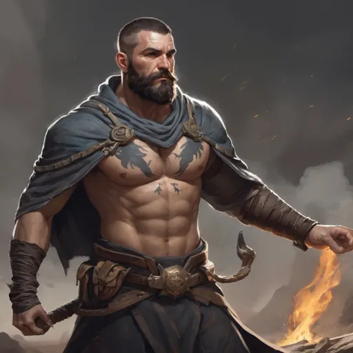 Prompt: (head and torso) Male heavy-set fit 30-year old hunky druid with short-cut hair and beard, holding magic-spell, in a windy battlefield, pathfinder, d&d setting, enhanced shadow quality