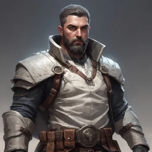 Prompt: Male stocky heavy-set mature illutionist with short-cut hair and beard, on a battlefield, in combat, casting a white-spell, pathfinder, d&d setting, in a realistic high quality digital art style, enhanced shadow quality