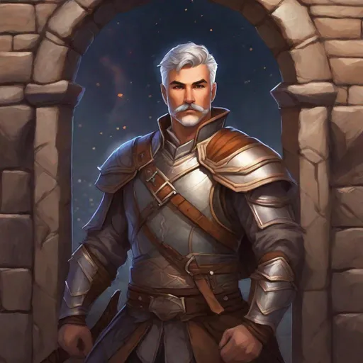 Prompt: (Full body) A hairy broad-chested large handsome male fighter with short-cut grey hair a mustache and stubble, pathfinger, armor, dungeons and dragons, hairy chest, brown boots, fantasy setting, coming out a town gate at midnight, in a painted style realistic