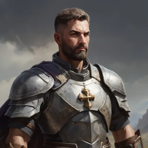 Prompt: Male heavy-set mature holy-paladin with short-cut hair and beard, in a windy valley, pathfinder, d&d setting, enhanced shadow quality