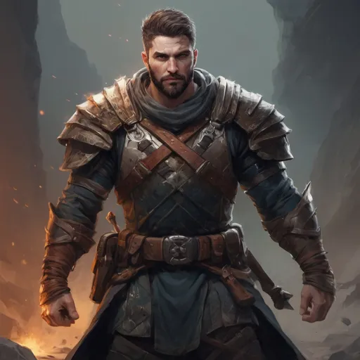 Prompt: Male stocky muscular ranger-warrior with short-cut hair and beard, in a battlefield at pitchblack night, pathfinder, d&d setting, in a realistic high quality digital art style, enhanced shadow quality, colorful
