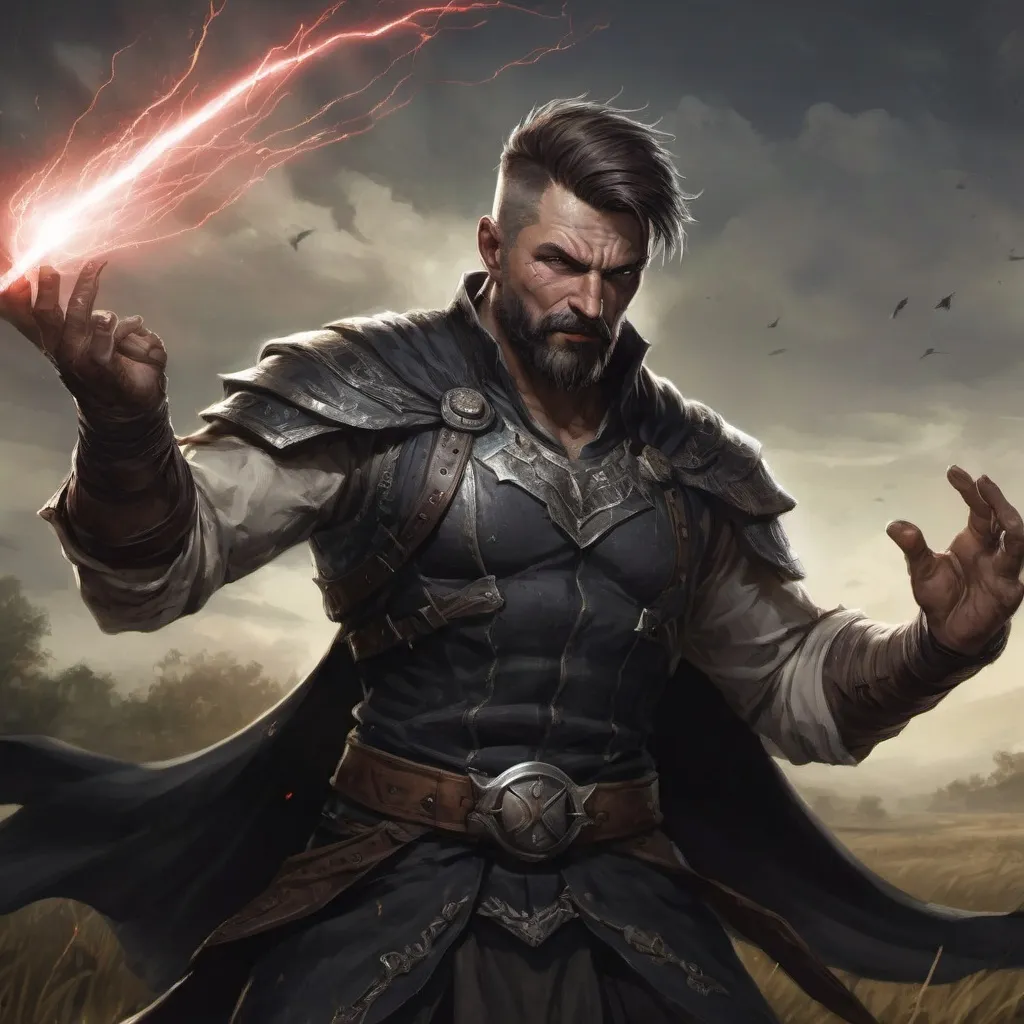 Prompt: Male stocky large muscular mature fantasy-sorcerer with short-cut hair and beard, hairy chest, engaged in combat casting a spell standing in a windy field at night, pathfinder, d&d setting, realistic, enhanced shadow quality