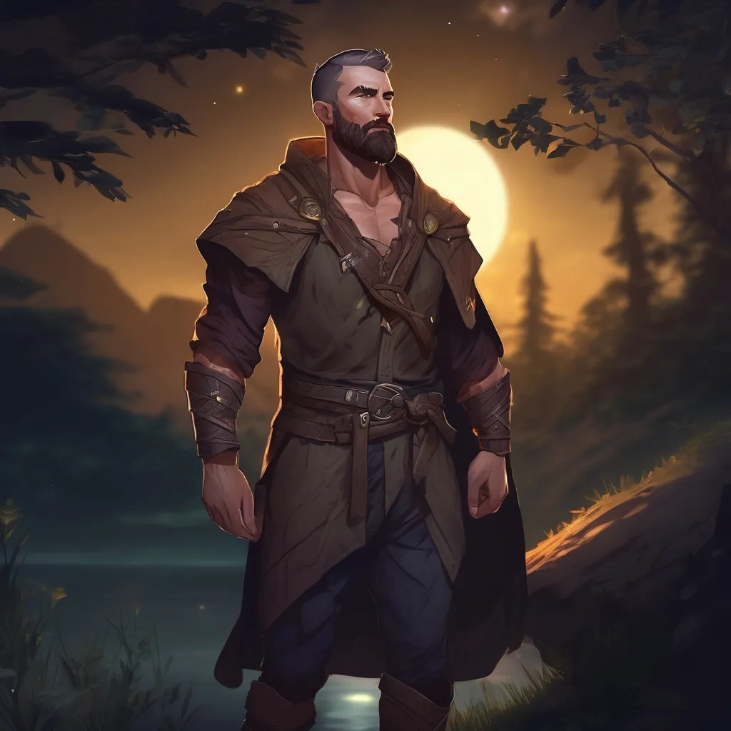 Prompt: (Full body) male muscular magus with short hair and beard, in nature at night, pathfinder, d&d setting, in a realistic digital art style