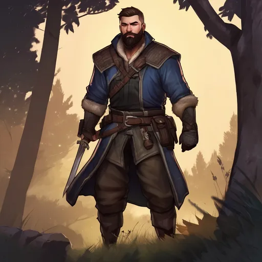 Prompt: (Full body) male stocky big-chested hairy-chested assassin with short hair and beard, in nature at night, pathfinder, d&d setting, in a realistic digital art style