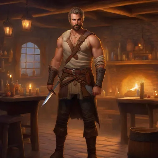 Prompt: (Full body) A male ranger with a hairy chest short-cut salt and pepper hair with short-beard manly face no shirt on, pathfinder, faint lights in the background, holding sword, dungeons and dragons, brown boots, fantasy setting, standing in a tavern at night, in a painted style realistic art