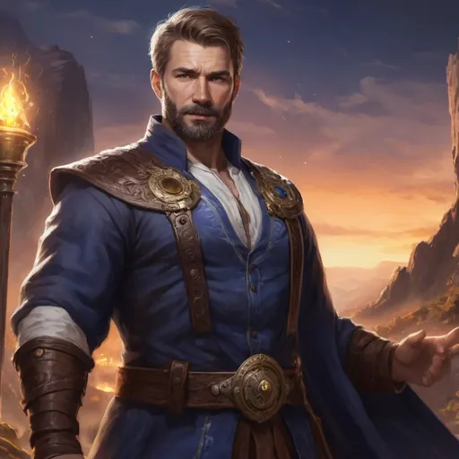 Prompt: male stocky heavy-set royal norwegian transmuter-magus with short-cut hair and beard, open shirt very-hairy chest, casting bright spell, in valley at night, pathfinder, d&d setting, realistic high quality, enhanced shadow quality