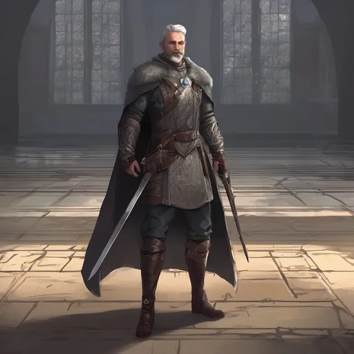 Prompt: (Full body) male stocky young royal noble with grey short-cut hair and beard, in a dark room, pathfinder, d&d setting, in a realistic digital art style