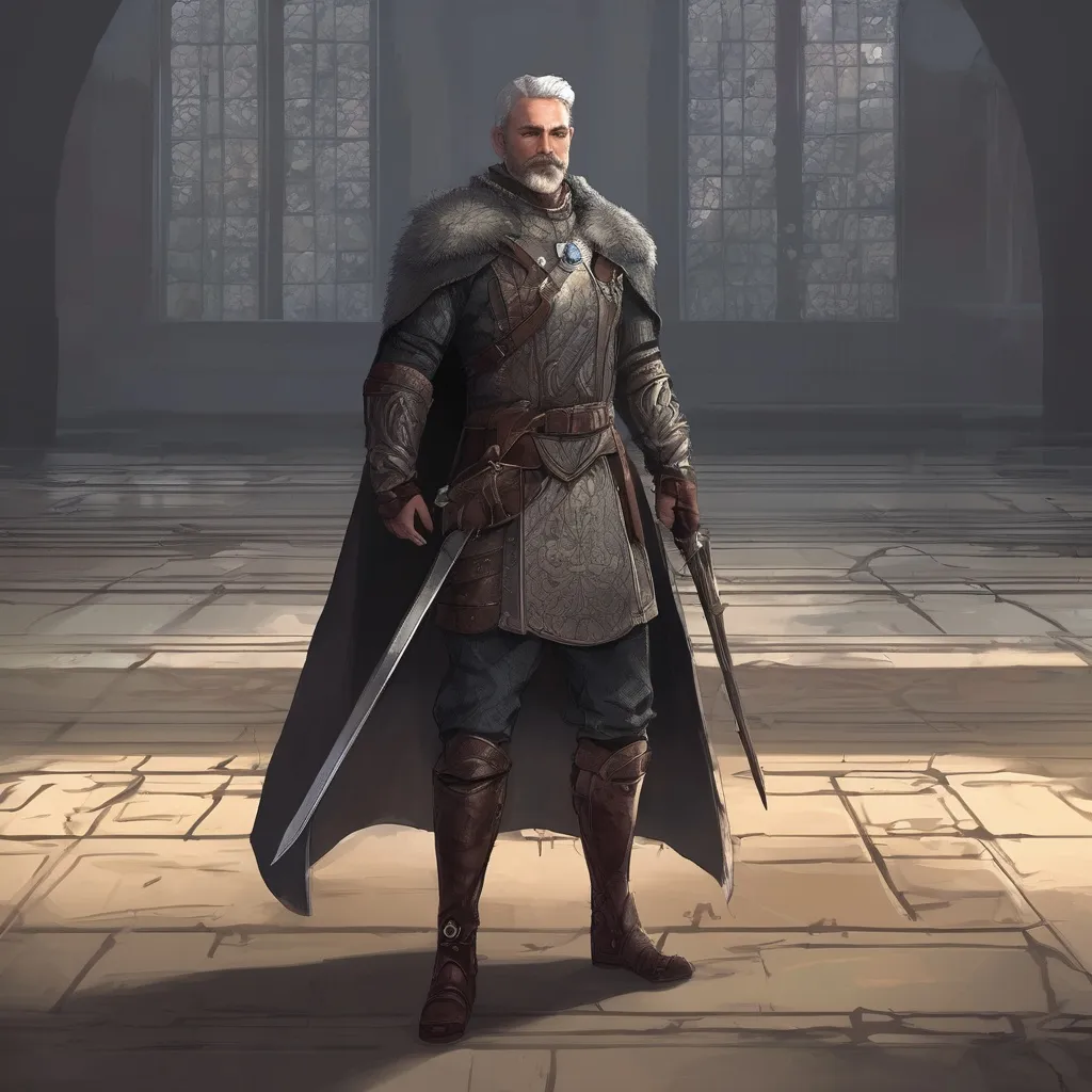 Prompt: (Full body) male stocky young royal noble with grey short-cut hair and beard, in a dark room, pathfinder, d&d setting, in a realistic digital art style