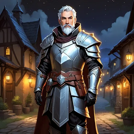 Prompt: (Full body) male paladin with short grey hair and beard, pathfinder, dungeons and dragons, standing outside of a small town at night, in a digital realistic painted style