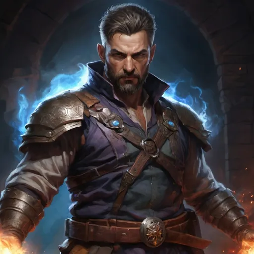 Prompt: (torso) Male stocky large mature handsome battle-mage with short-cut hair and beard, engaged in combat casting an arcane-spell inside of a dark dungeon, in movement, pathfinder, d&d setting, realistic, enhanced shadow quality, colorful