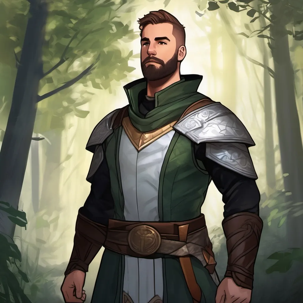 Prompt: (Full body) male fighter that looks like scott evans with a short hair and beard, standing outside of a dark forest, pathfinder, d&d setting, in a realistic digital art style