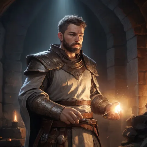 Prompt: Male stocky large swiss cleric with short-cut hair and beard, broad shoulders,  engaged in combat casting a holy light spell inside of a dark dungeon, pathfinder, d&d setting, in a realistic high quality digital art style, enhanced shadow quality, colorful