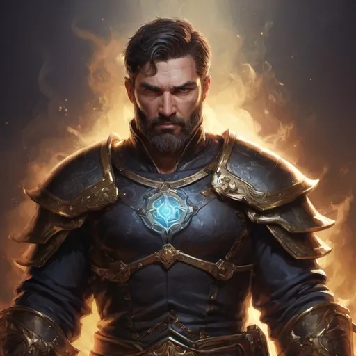 Prompt: (Torso) Male stocky large mature holy-paladin with short-cut hair and beard, exploring a dark magic dimention, surrounded by bright magic, pathfinder, d&d setting, in a realistic high quality digital art style, enhanced shadow quality, colorful