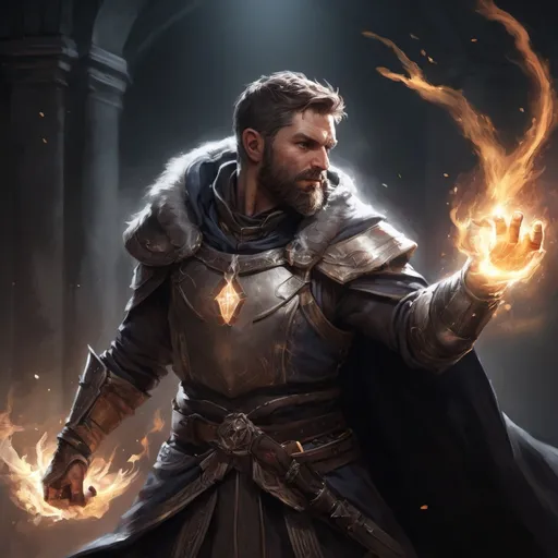 Prompt: Male stocky large mature fit battle-mage with short-cut hair and beard, engaged in combat casting a white-light spell in a dark room, pathfinder, d&d setting, realistic, enhanced shadow quality