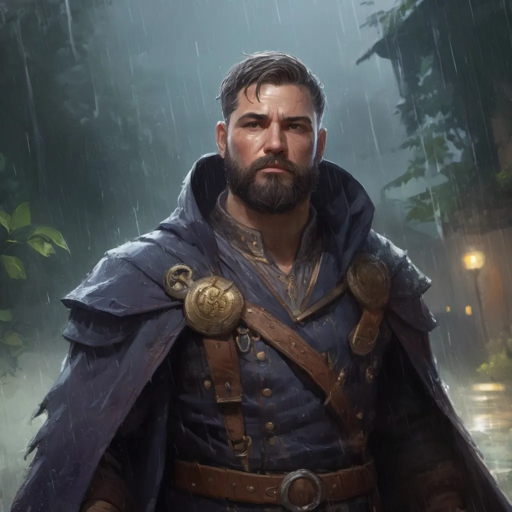 Prompt: Male stocky heavy-set fat noble arcanist with short-cut hair and beard, in nature in a heavy rainstorm, pathfinder, d&d setting, in a realistic high quality digital art style, enhanced shadow quality, colorful