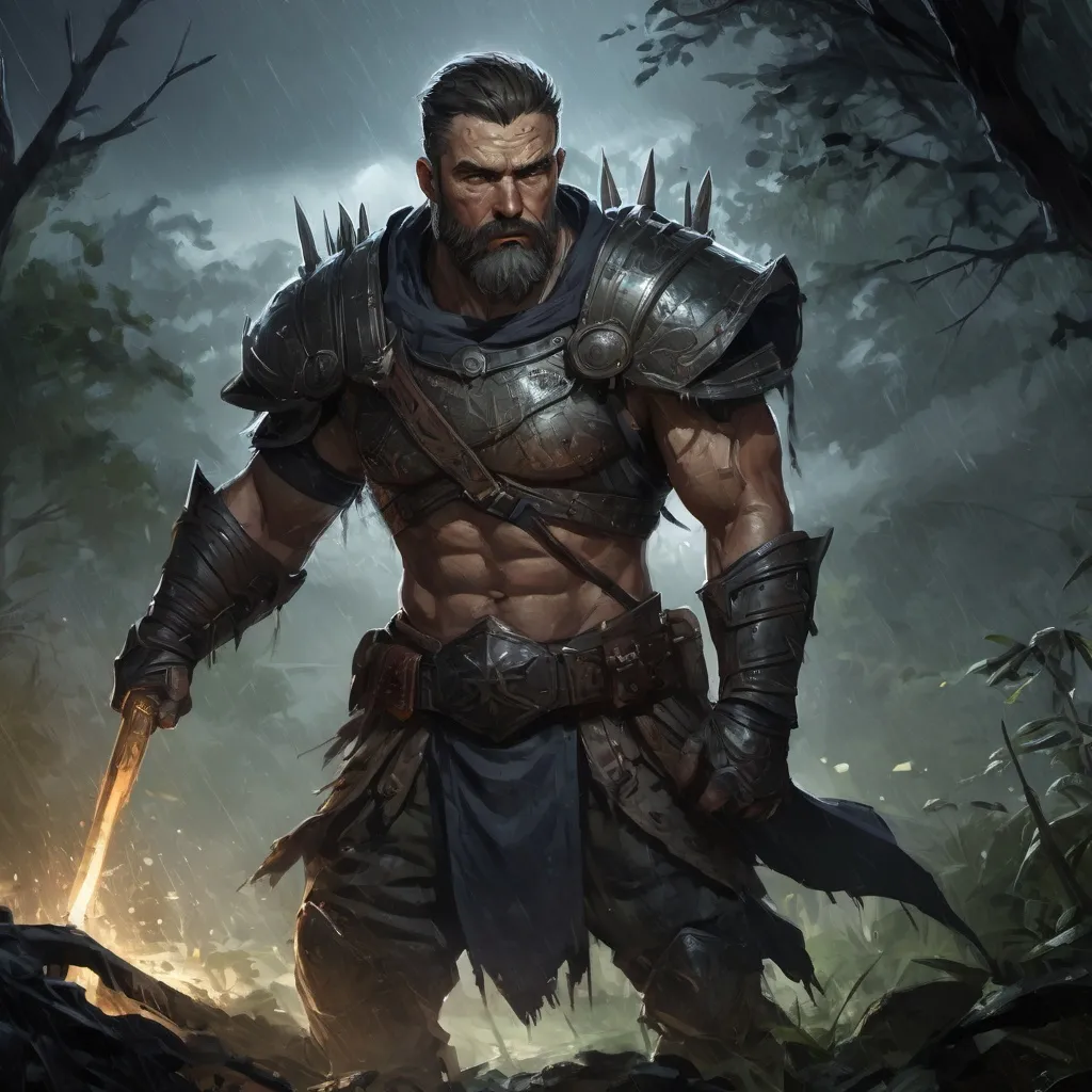 Prompt: Male stocky muscular mature warrior, with short hair and beard, in a dark thicket by a battlefield at night in a rainstorm, pathfinder, d&d setting, in a realistic high quality digital art style, enhanced shadow quality, colorful
